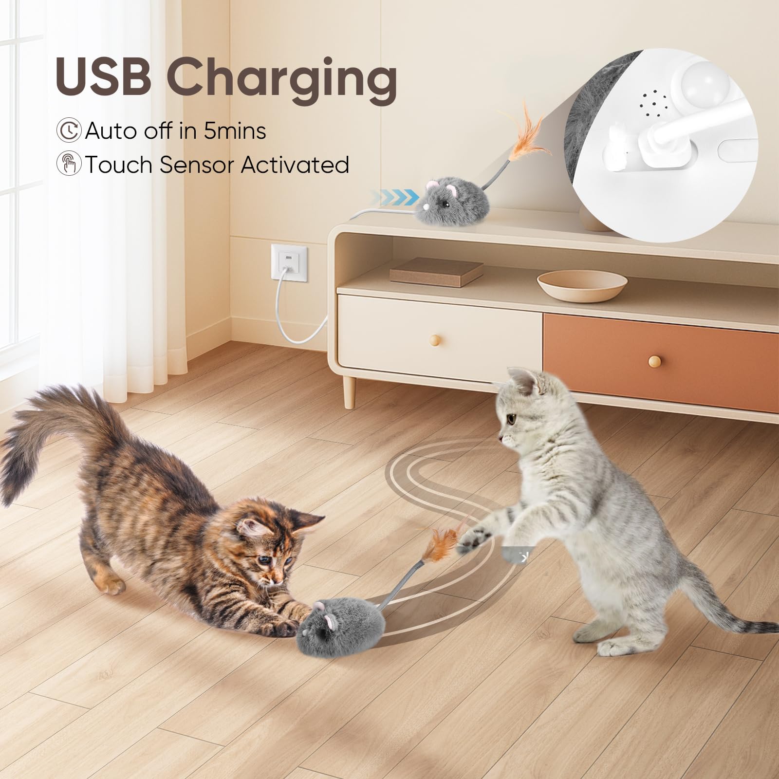 Pawingcat usb-charging image demonstrates quick recharge and longer play.