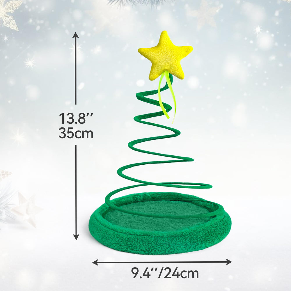 PAWISE Christmas Tree toy side view with spiral spring plate sparks curiosity and pounce motivation.