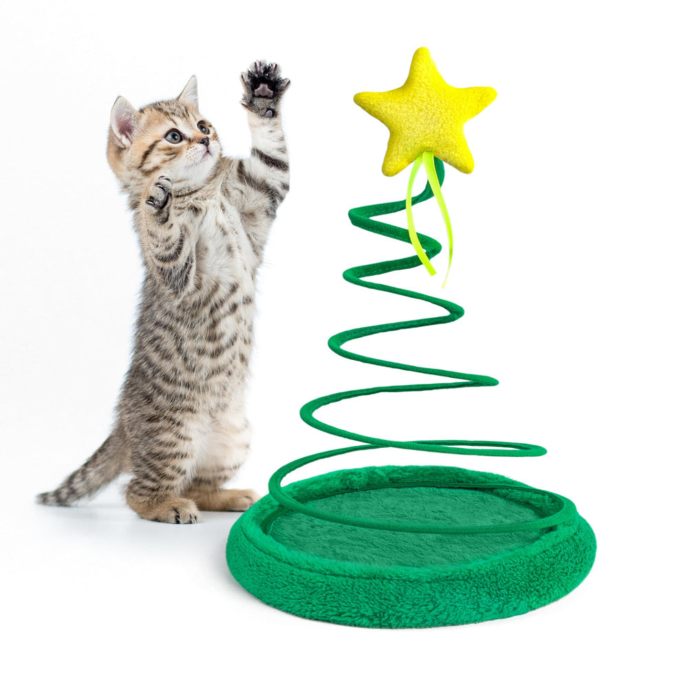 PAWISE Christmas tree cat toy with spiral plate in action for active indoor play