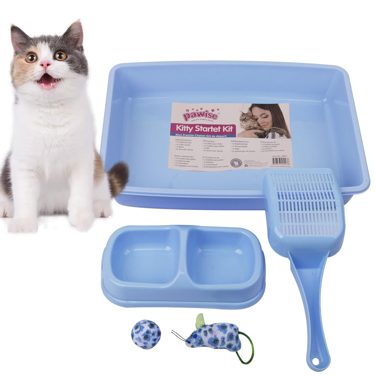 PAWISE small cat litter box blue with low-entry design for easy kitten access.
