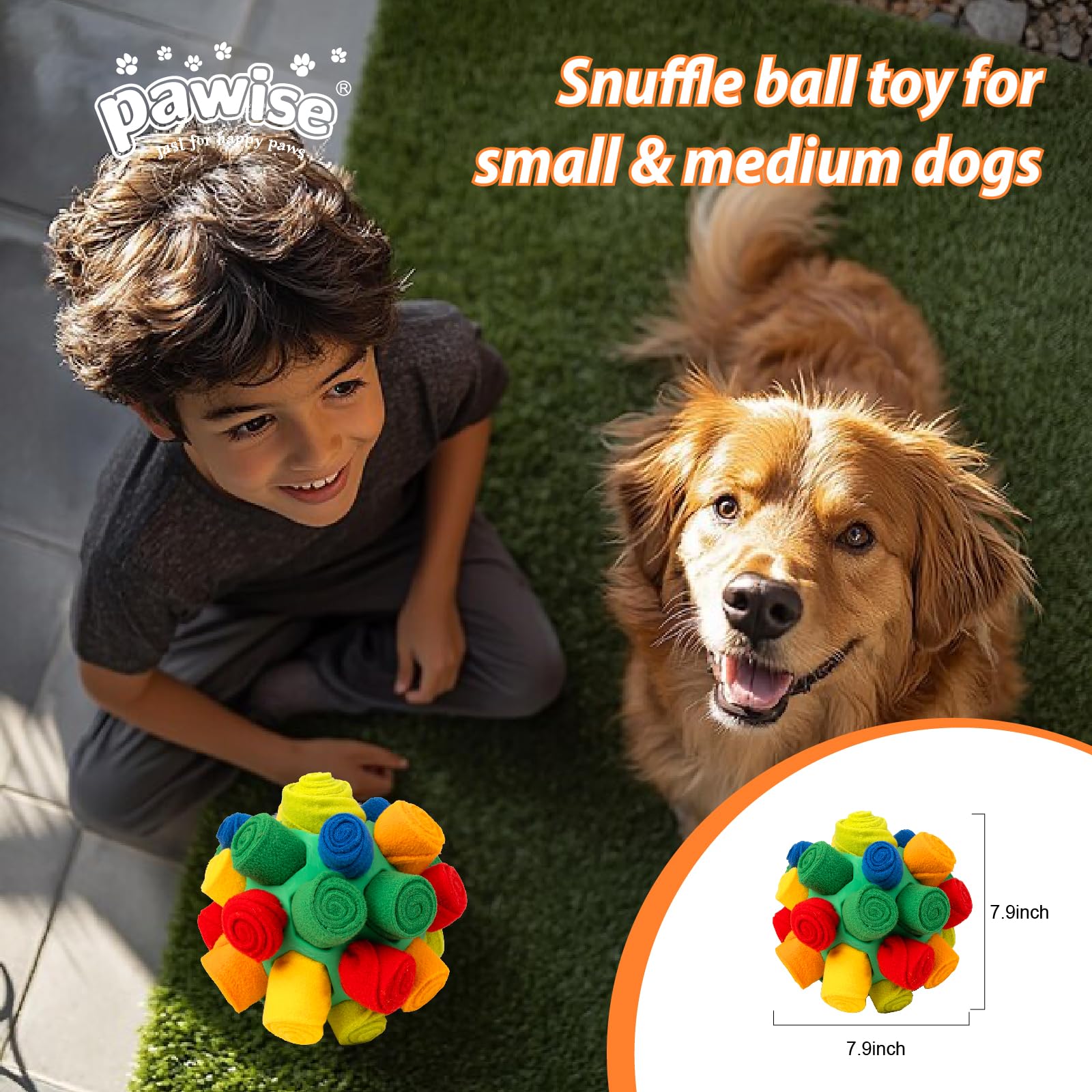 PAWISE Snuffle Ball dog-enrichment play scene highlights mental stimulation
