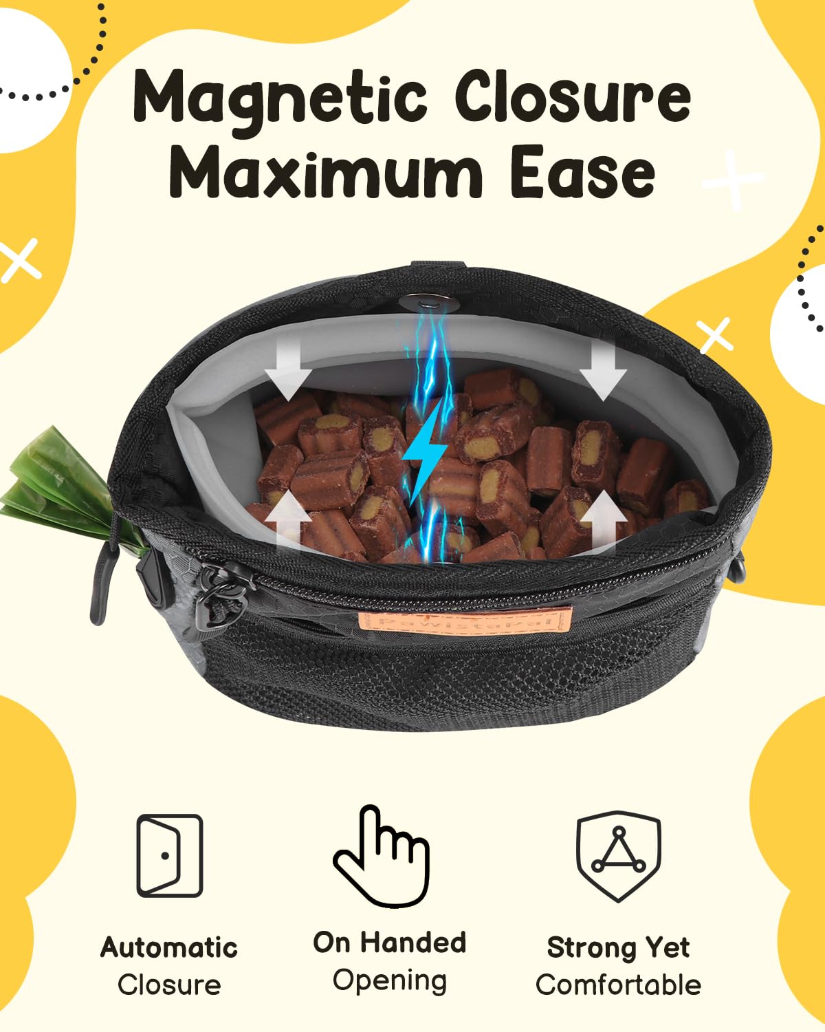 PawistaPal magnetic closure enables one-handed access for trainers.