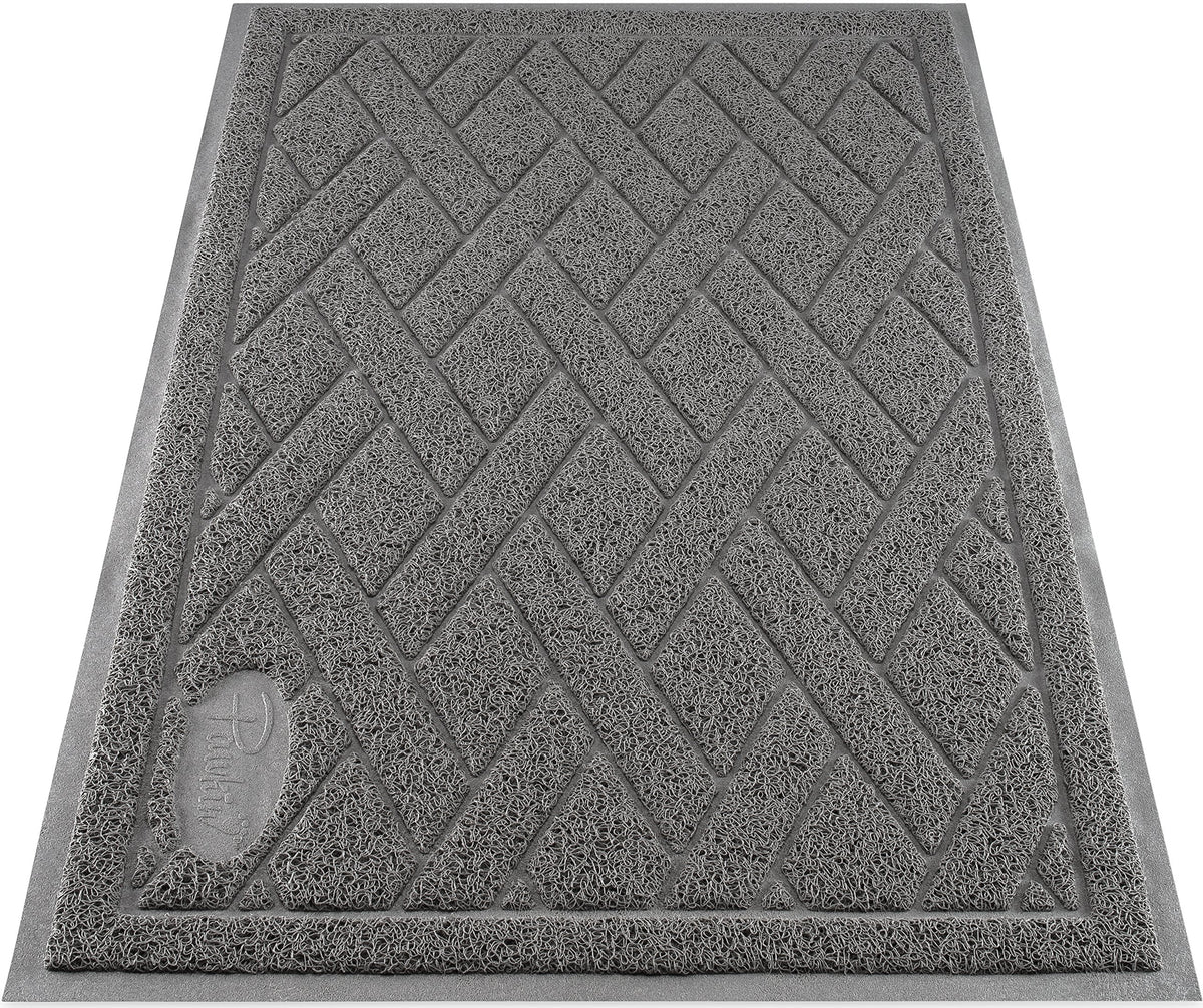 Pawkin cat litter mat front view; durable gray surface for reduced tracking.