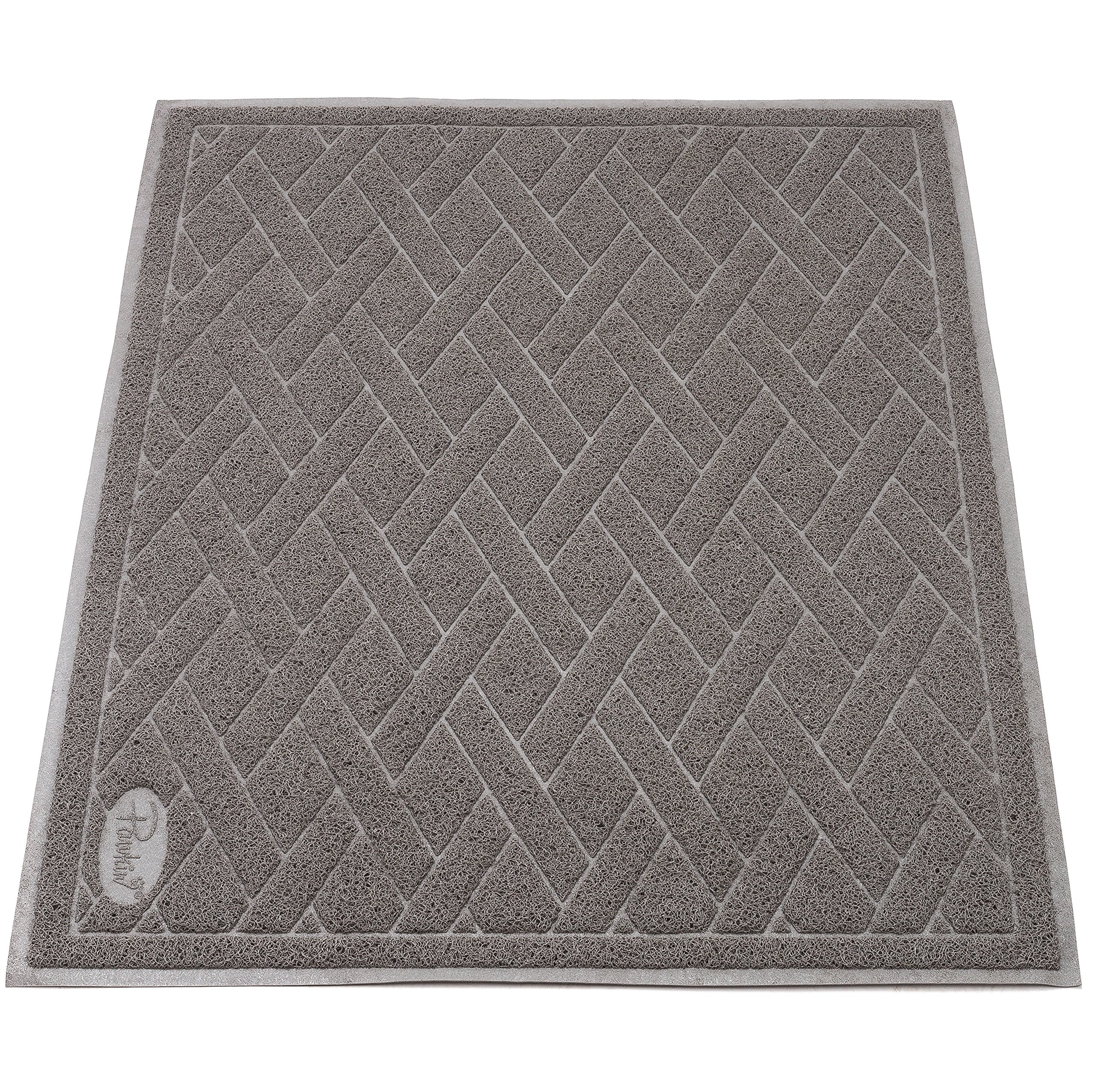 Pawkin cat litter mat gray color hides dust while guiding litter away.