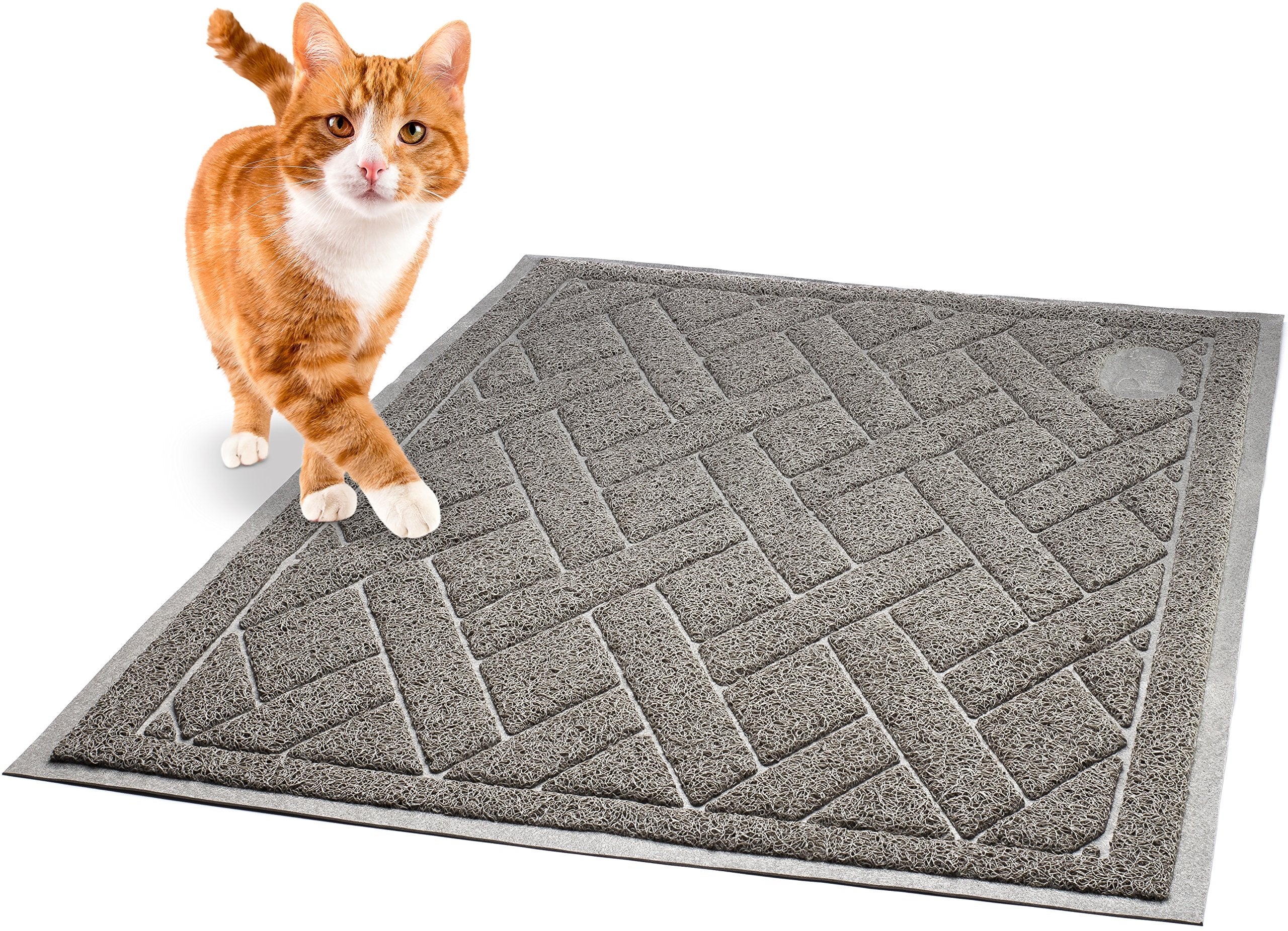Pawkin cat litter mat under litter box shows wide coverage for clean floors.