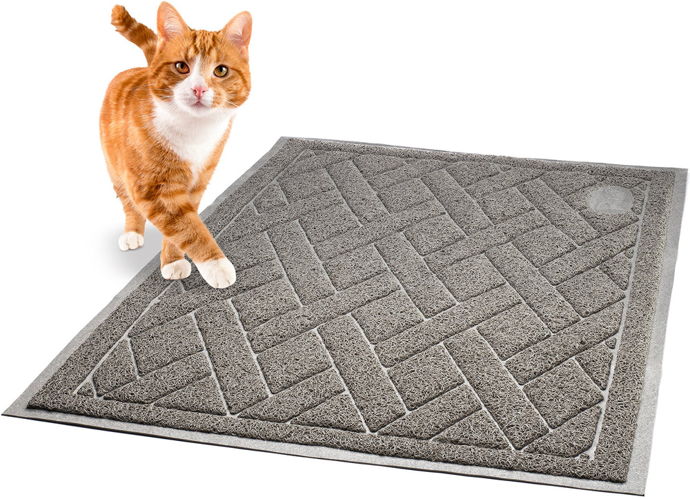 Pawkin cat litter mat under litter box shows wide coverage for clean floors.