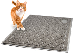 Pawkin cat litter mat under litter box shows wide coverage for clean floors.