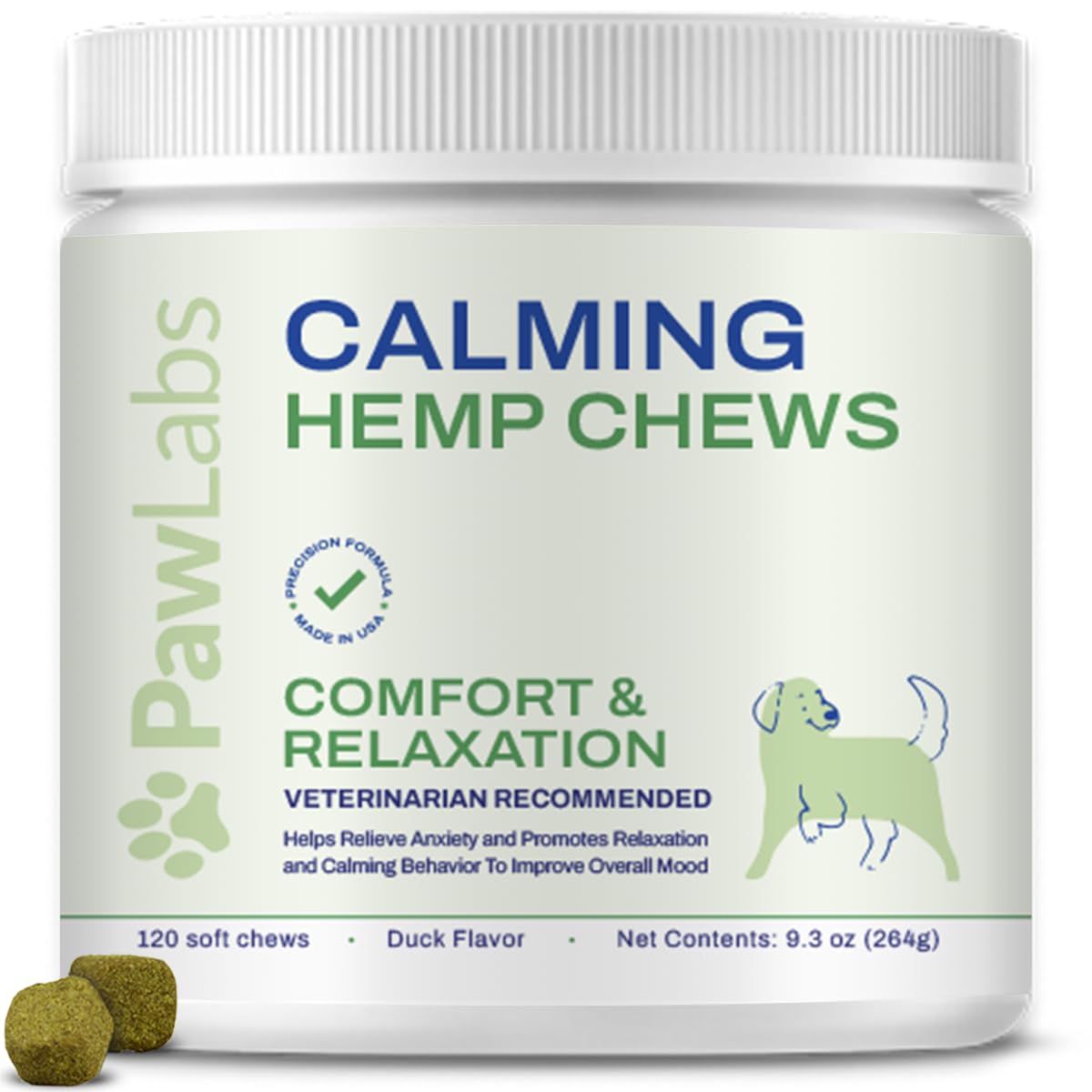 PawLabs Calming Hemp Chews duck flavor bottle close-up for stress relief