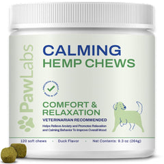 PawLabs Calming Hemp Chews duck flavor bottle close-up for stress relief