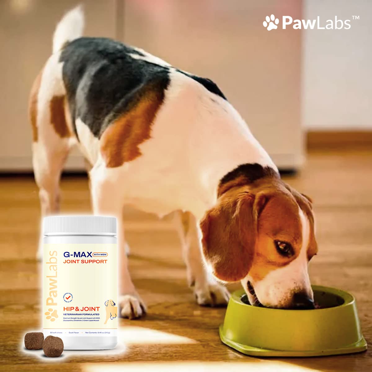 Pawlabs G-Max duck-flavor chews serving image illustrating daily treat for joints