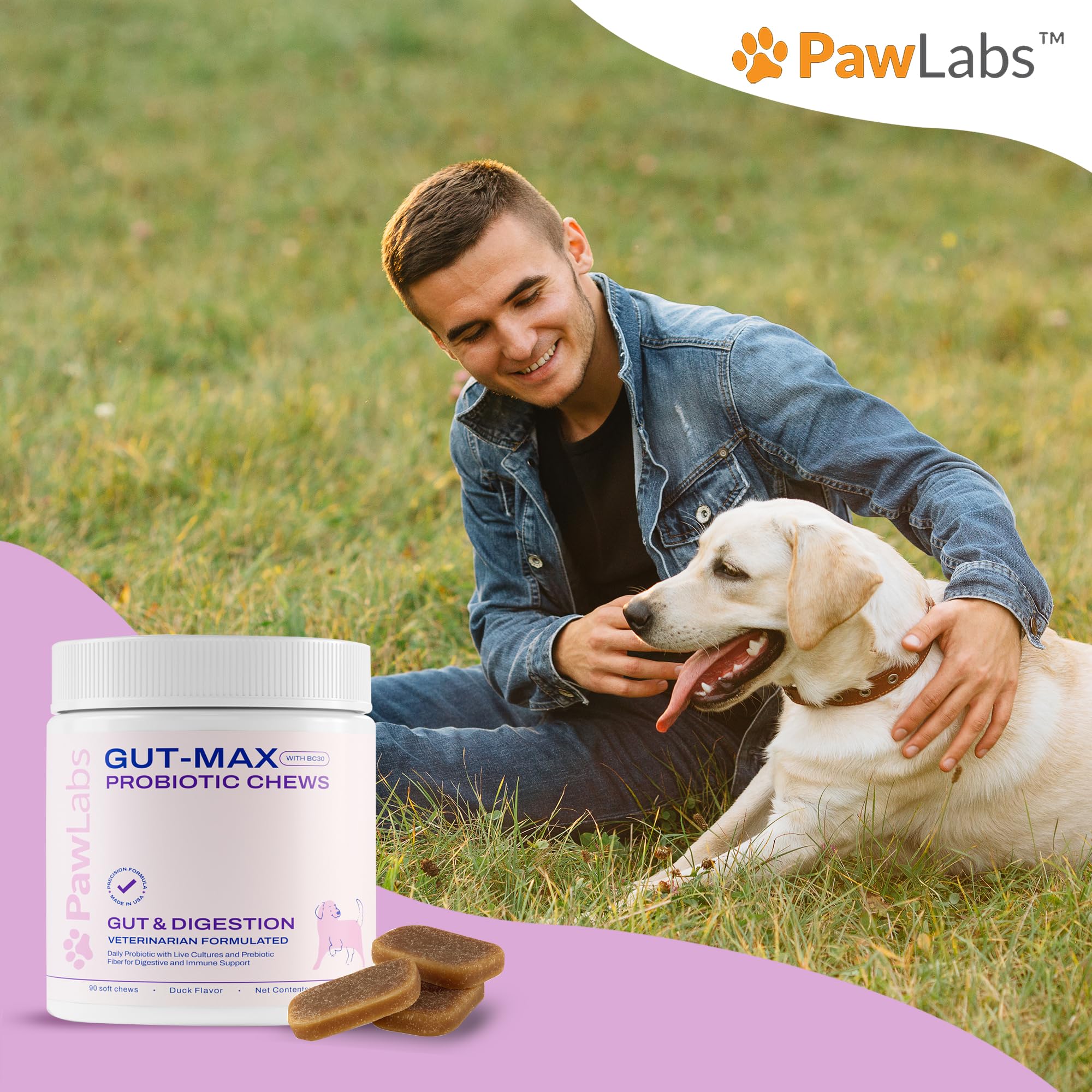 Pawlabs Gut Max duck-flavor chews shown with dog paw icon for daily routines
