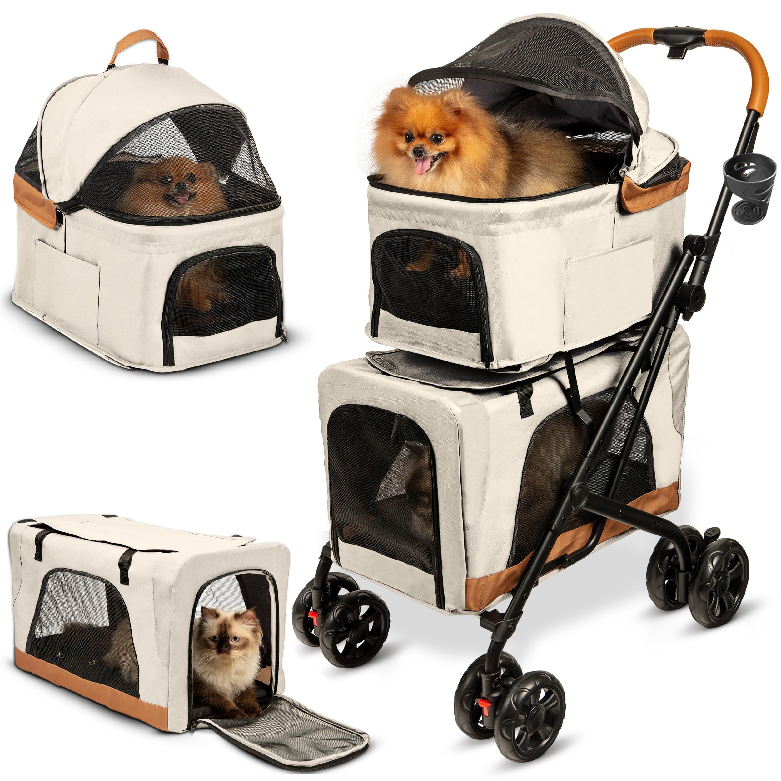 PAWLALA Double Pet Stroller front view highlighting spacious compartments for two pets during outdoor strolls