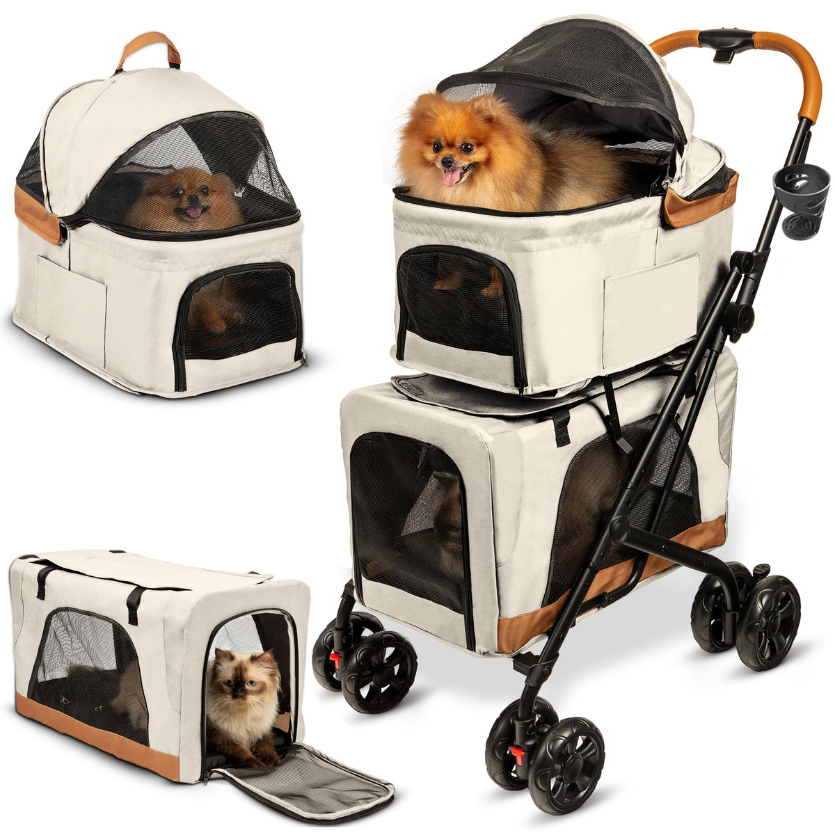 PAWLALA Double Pet Stroller front view highlighting spacious compartments for two pets during outdoor strolls