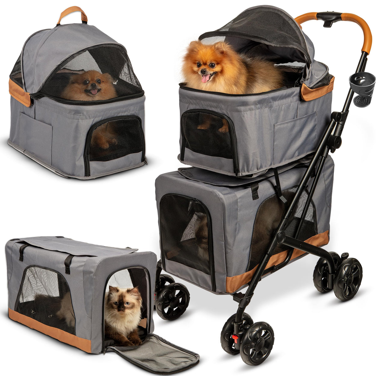 PAWLALA double stroller front view shows ample space for two pets, fostering comfortable shared outings.