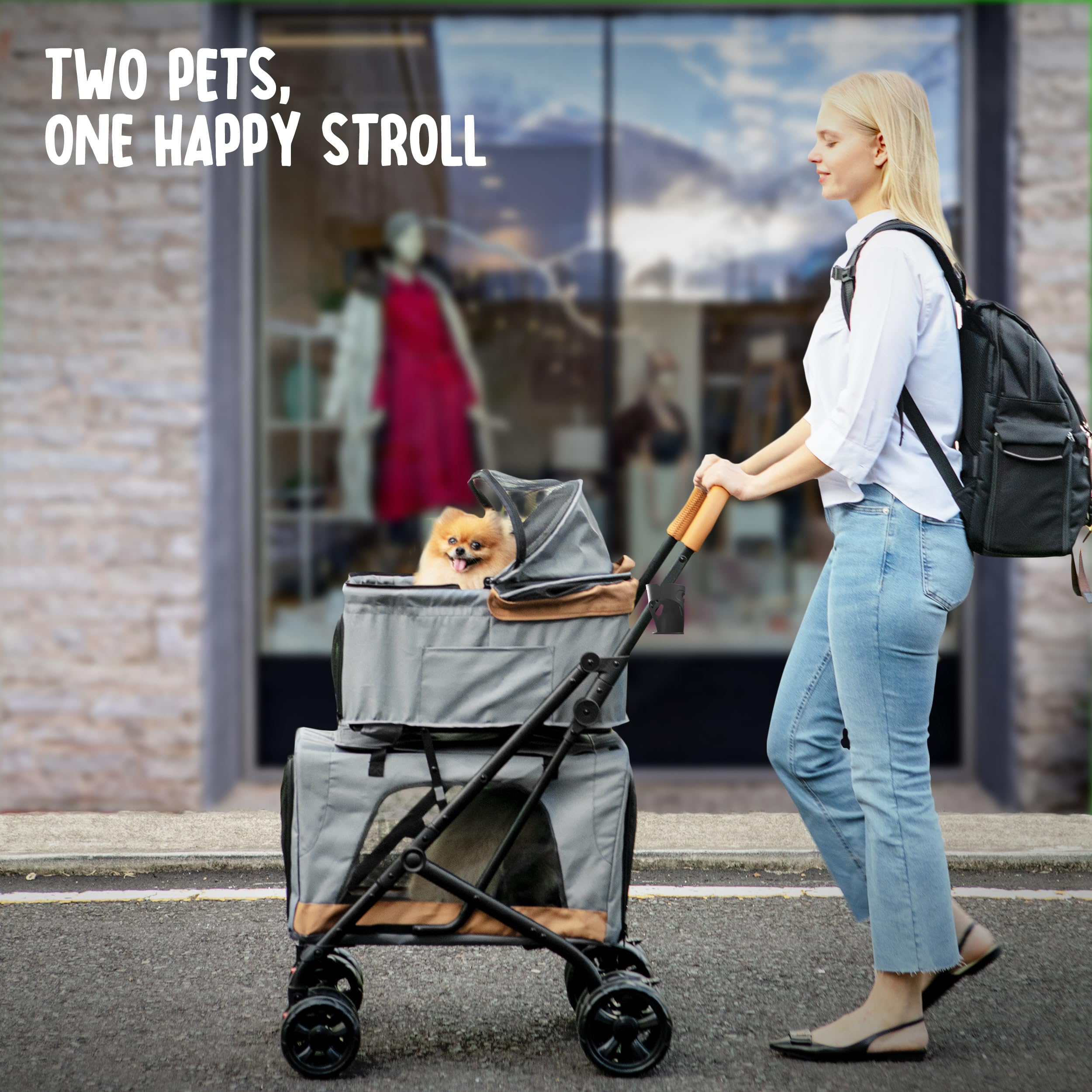 PAWLALA double stroller side view demonstrates smooth maneuverability for urban walks.