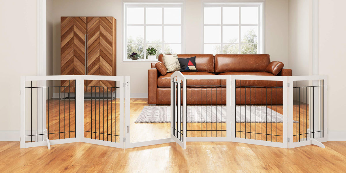 PAWLAND 144-inch extrawide dog gate with door walk-through for open-plan rooms.