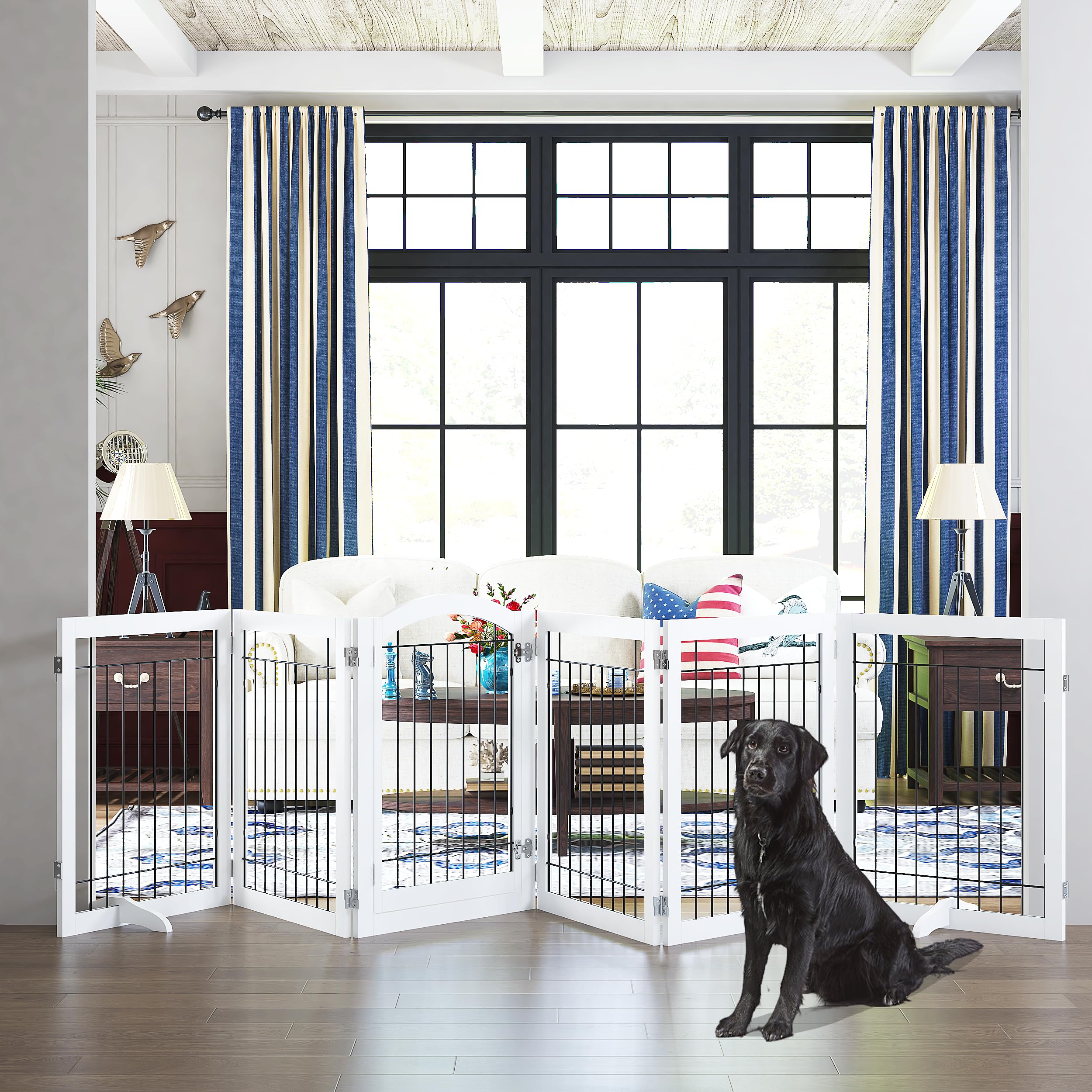 PAWLAND freestanding pet gate with two support feet for stable placement.