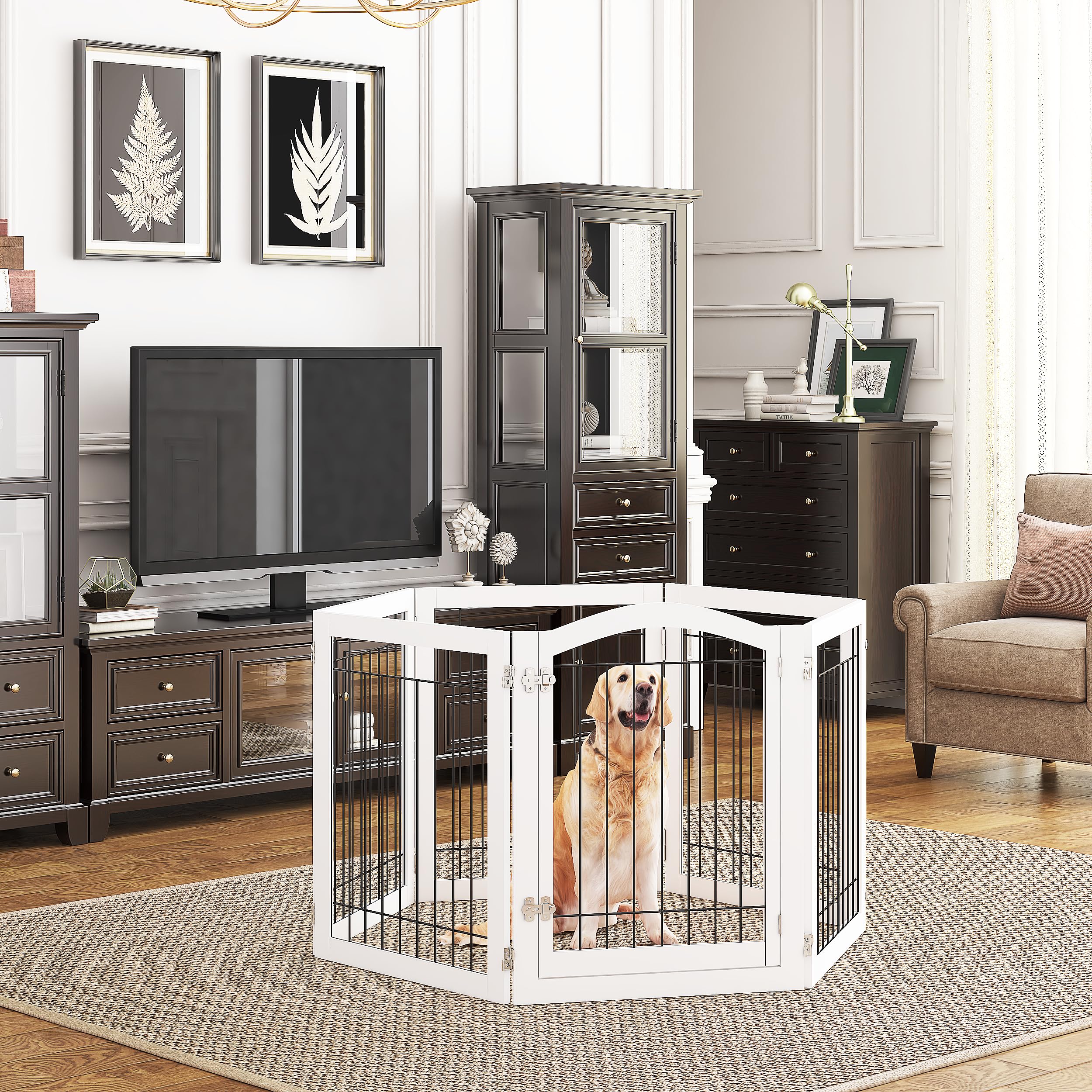 PAWLAND six-panel gate assembly shows flexible room-to-room configuration.