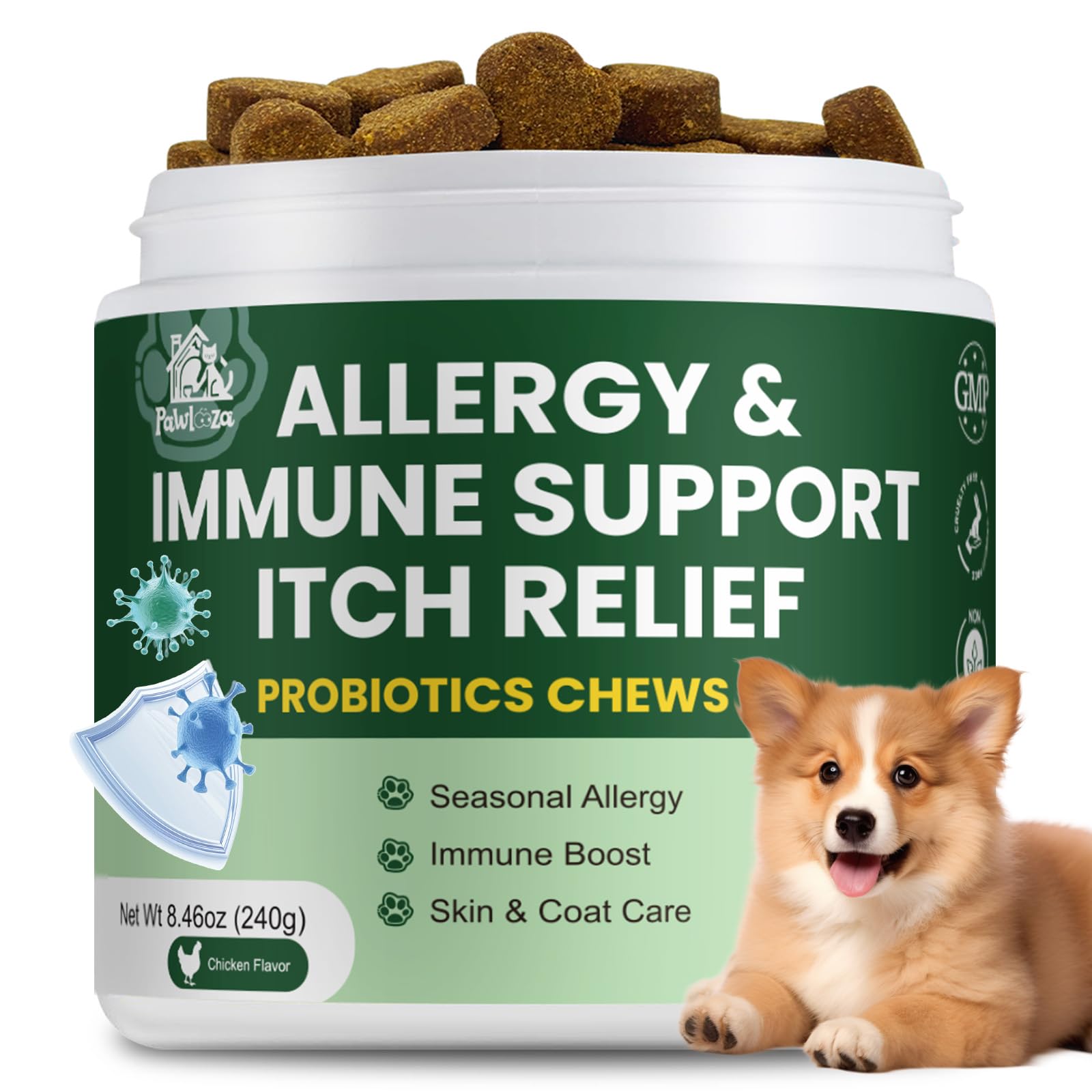 Pawlooza Probiotics for Dogs bottle pour showcases easy daily gut support.