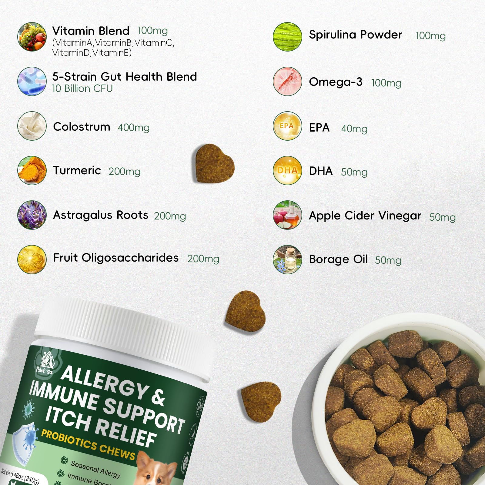 Pawlooza Probiotics for Dogs chews closeup highlights tasty chicken flavor for easy dosing.