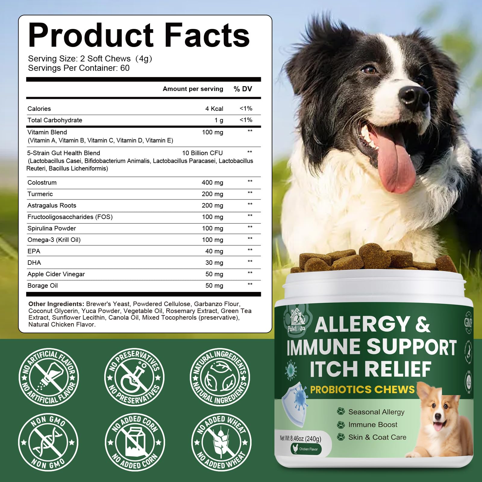 Pawlooza Probiotics for Dogs turmeric-boosted formula for gentle skin support.
