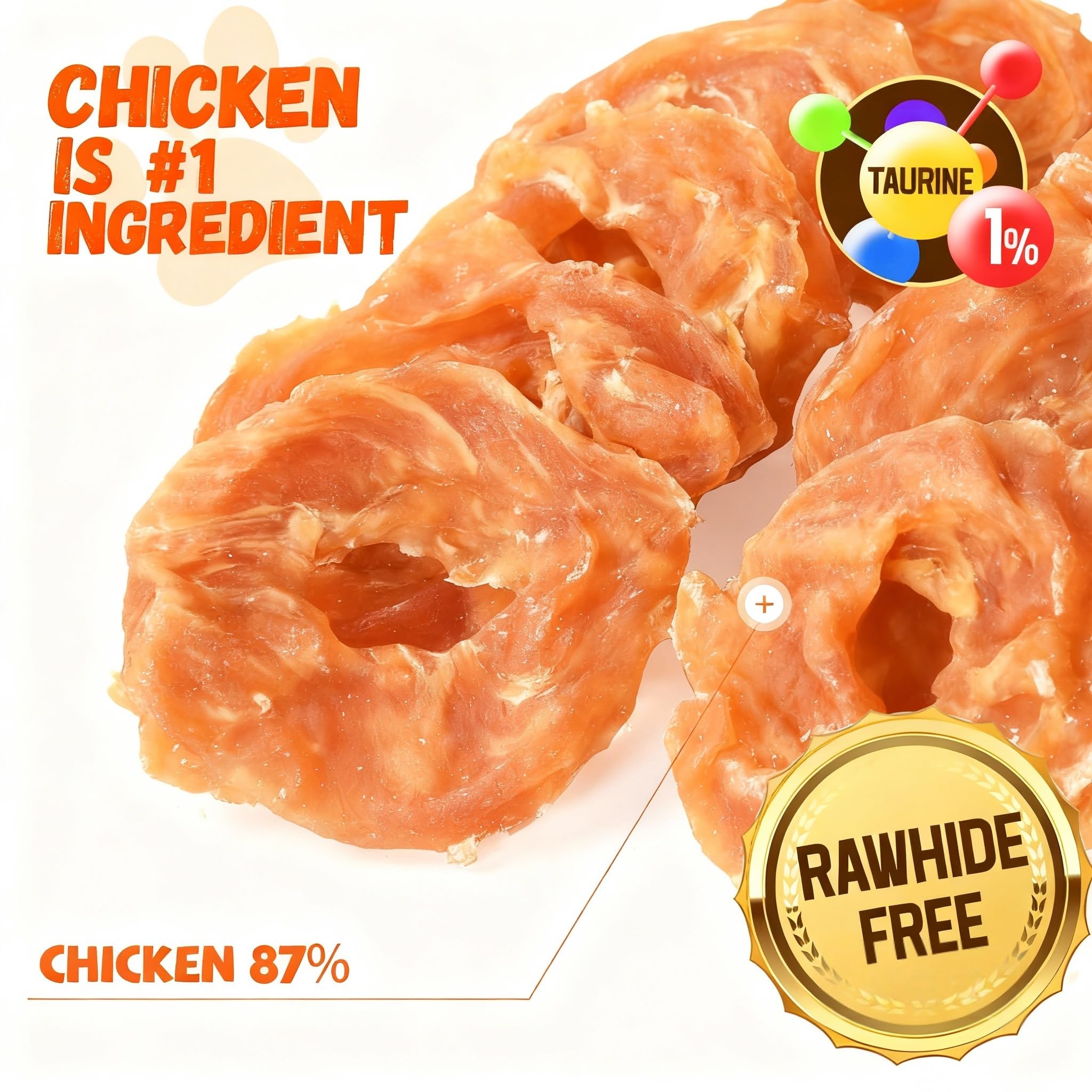 Pawmate chicken jerky rings closeup texture highlights chewy bite and natural chicken aroma.