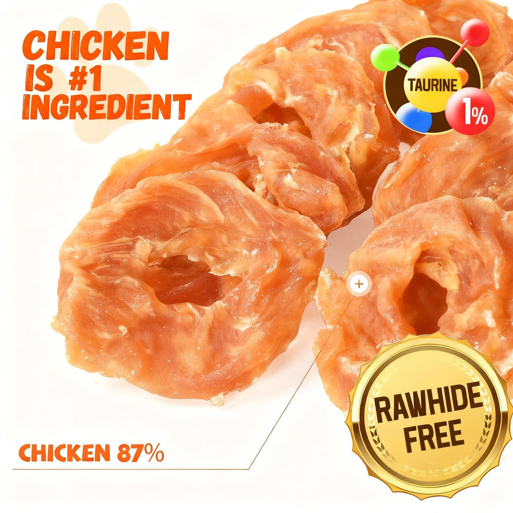 Pawmate chicken jerky rings closeup texture highlights chewy bite and natural chicken aroma.