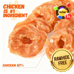 Pawmate chicken jerky rings closeup texture highlights chewy bite and natural chicken aroma.