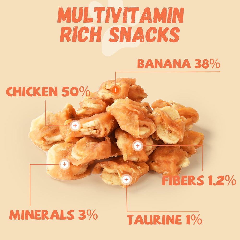 Pawmate chicken-wrapped-banana-slices close-up shows bite-sized, easy-to-digest snack.