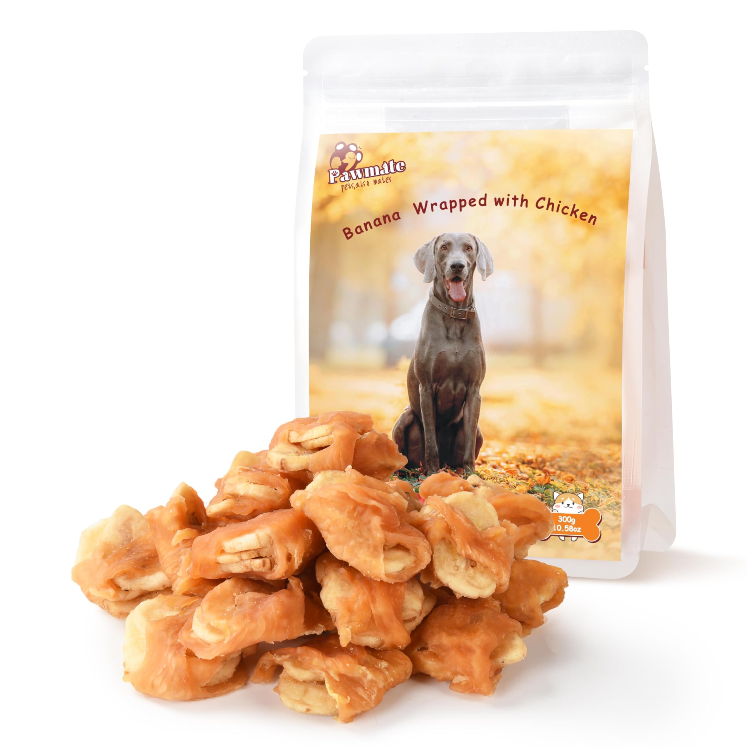 Pawmate chicken-wrapped-banana-slices packaging highlights grain-free, natural training treats.