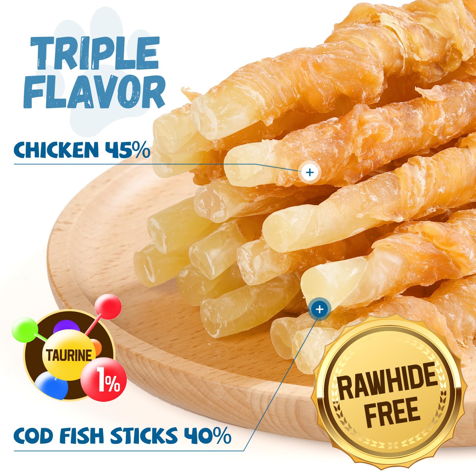 Pawmate chicken-wrapped cod sticks close-up, showing chewy protein snack.