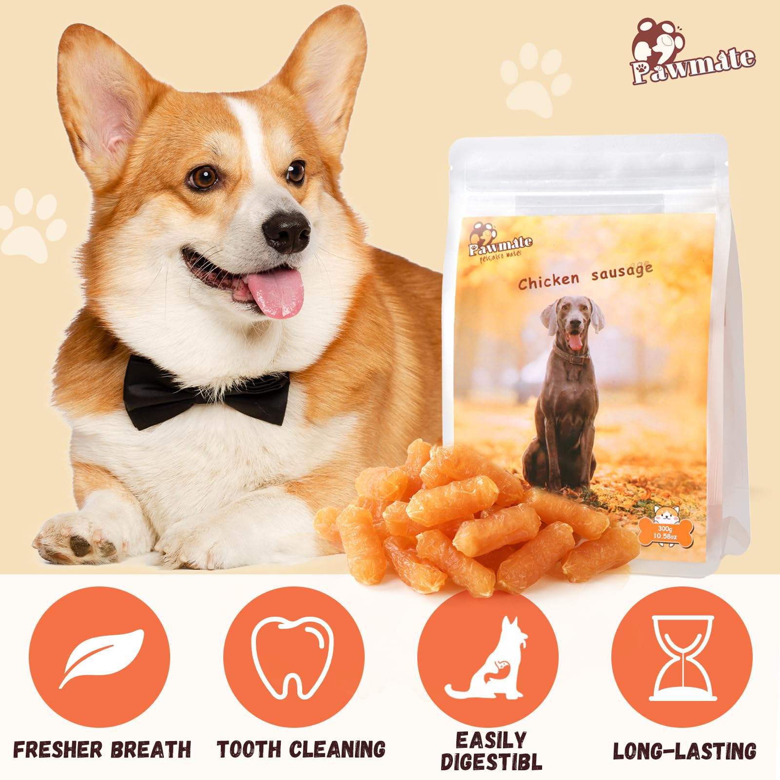 Pawmate dog treats chicken sausages pack view showing ingredients and joint-care benefits
