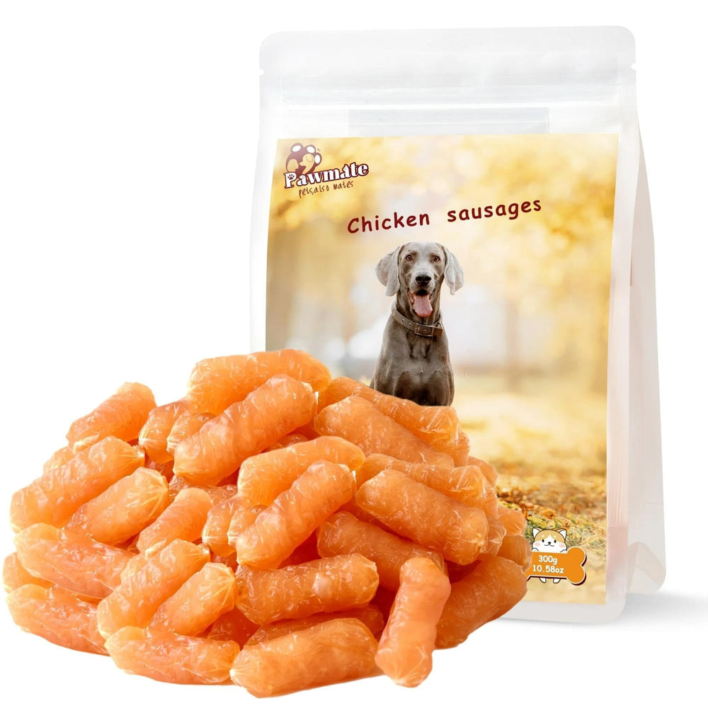 Pawmate dog treats chicken sausages pack shot highlighting protein-rich, low-fat nutrition