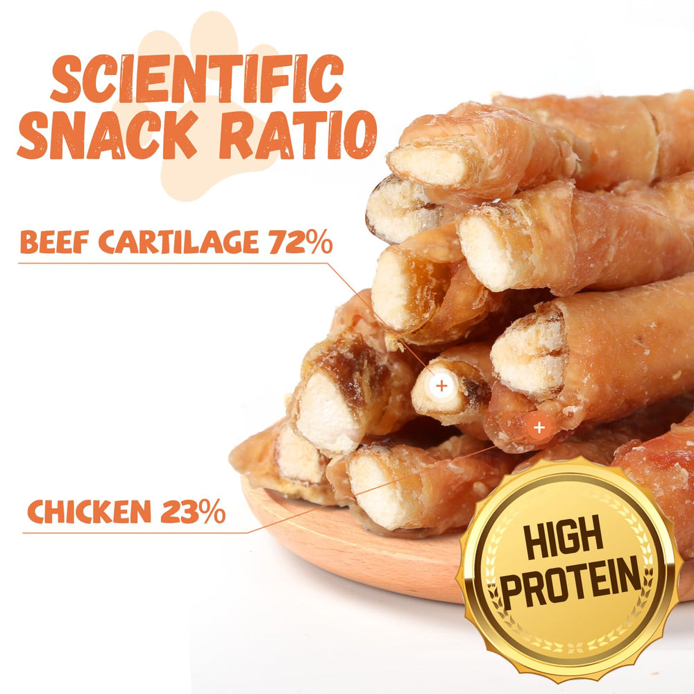 Pawmate dog treats chicken-wrapped-beef-cartilage bite shows flavor and engaging chew.