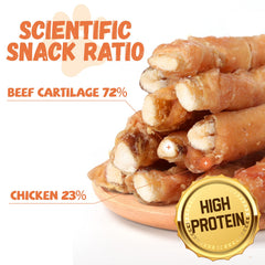 Pawmate dog treats chicken-wrapped-beef-cartilage bite shows flavor and engaging chew.