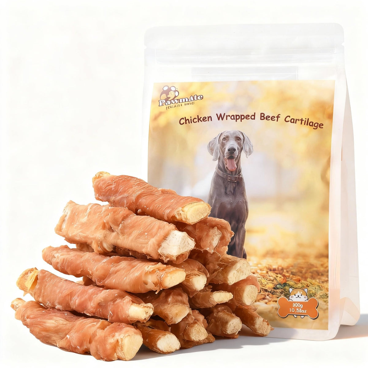 Pawmate dog treats chicken-wrapped-beef-cartilage pack for long-lasting chews and training rewards.