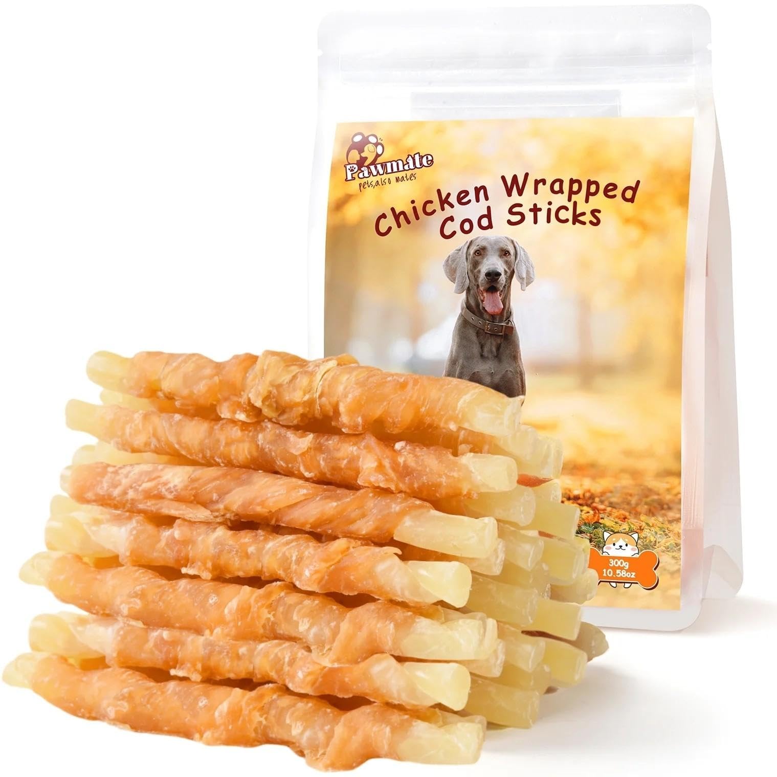 Pawmate chicken-wrapped cod sticks pack for durable chew sessions.