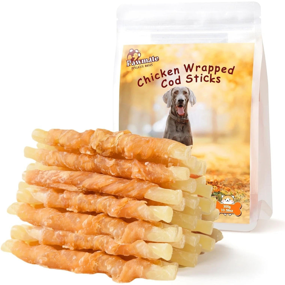 Pawmate chicken-wrapped cod sticks pack for durable chew sessions.
