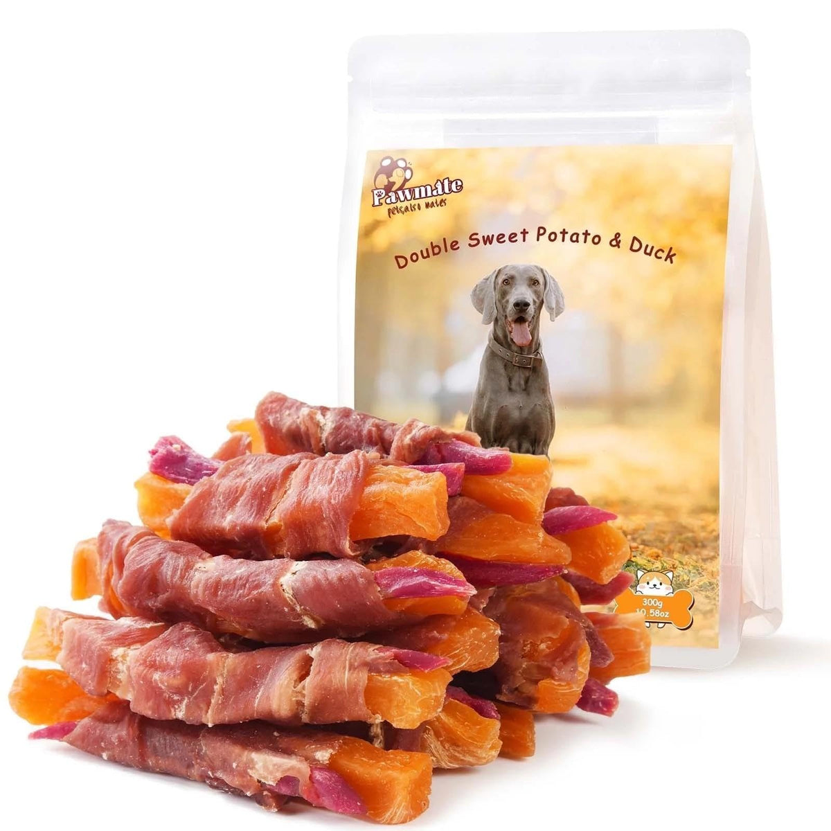 Pawmate duck-double-purple-sweet-potato-wraps-pack shows protein-rich dog treats for training.