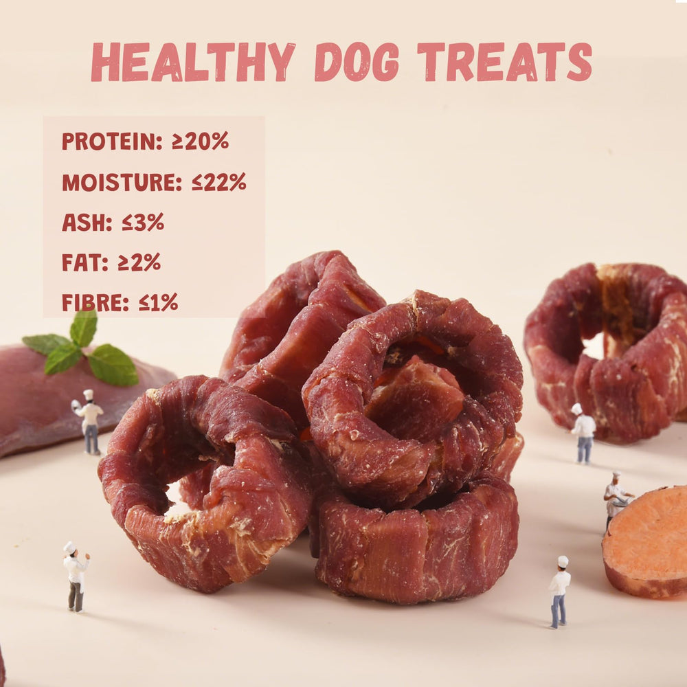 Pawmate donuts close-up highlights duck jerky and sweet potato layers for wholesome flavor.