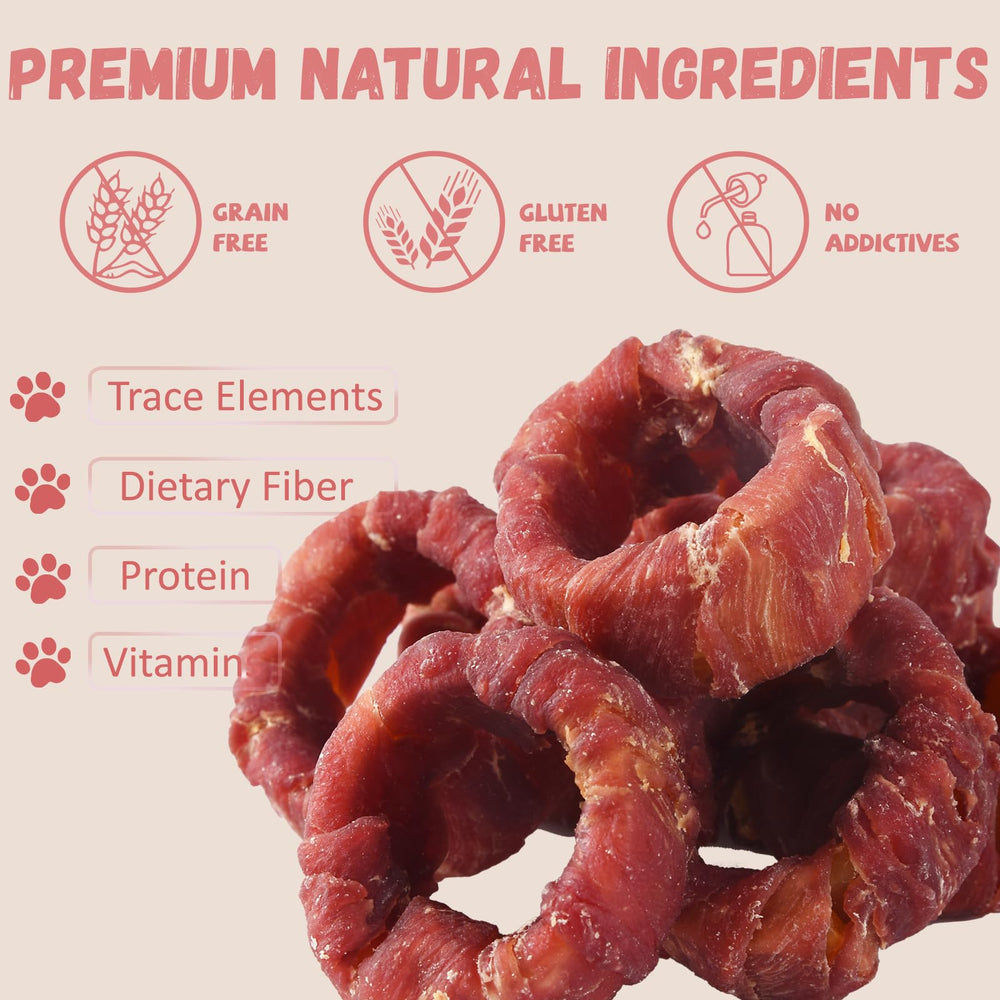 Cross-section of Pawmate duck wrapped sweet potato donuts emphasizes wholesome ingredients.