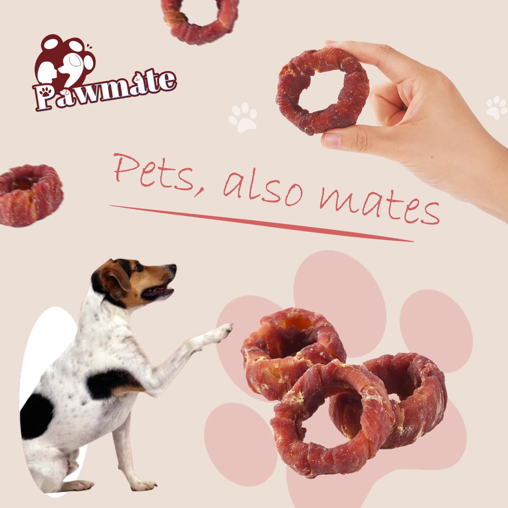 Different-sized dogs savor Pawmate duck donuts, showcasing versatile training rewards.