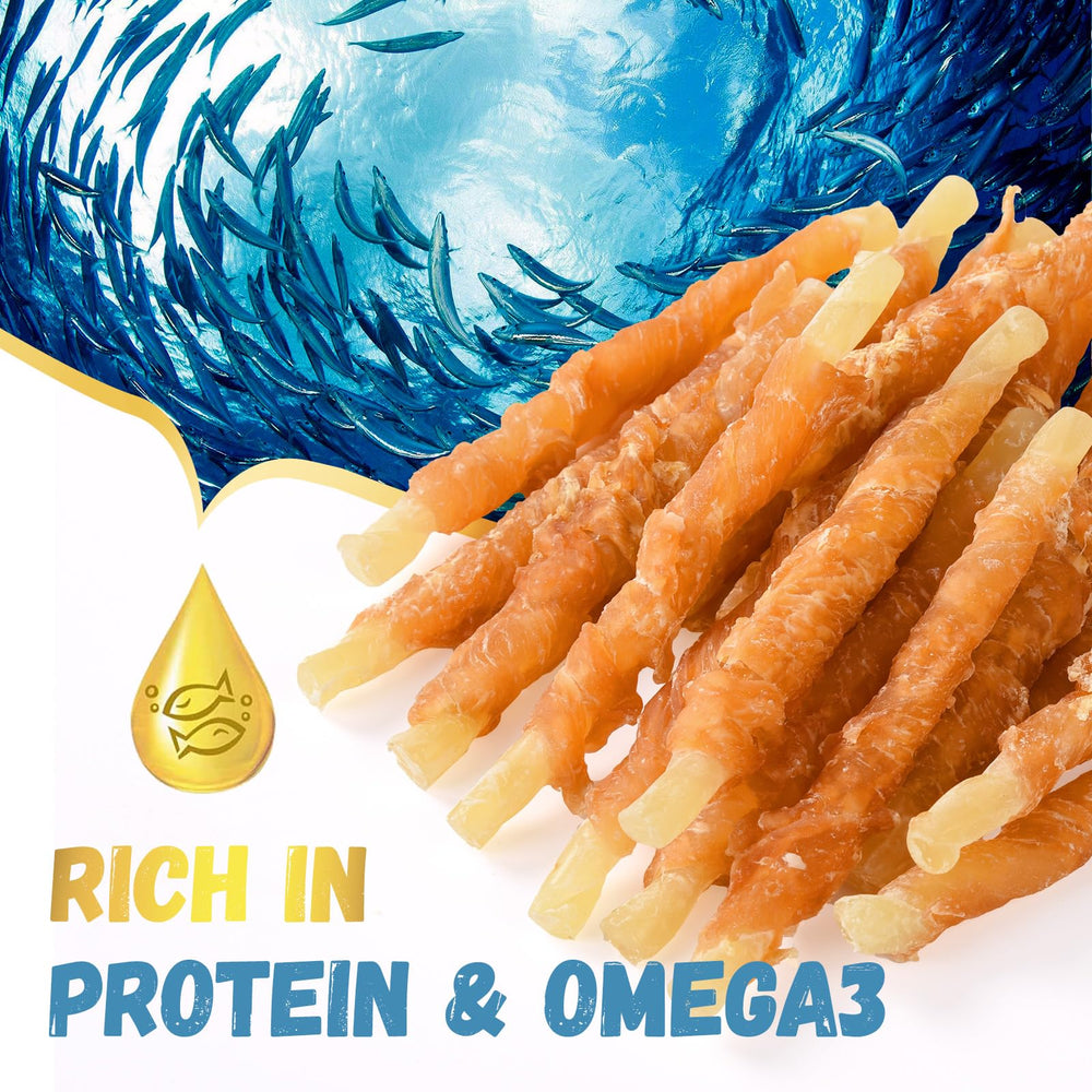 Pawmate omega-3 dog treats highlight skin and coat support.