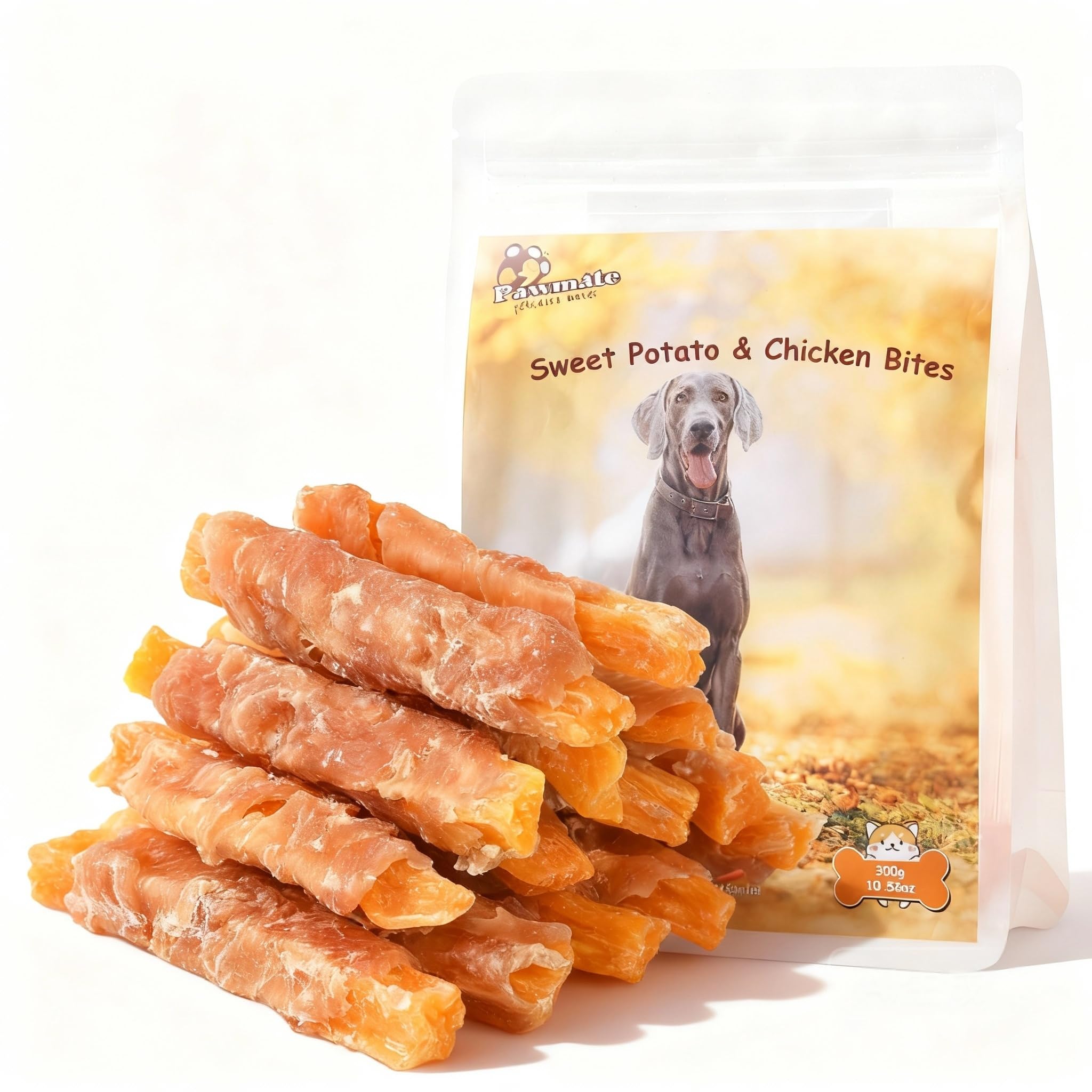 Pawmate paquete de tiras de pollo envueltas en patata dulce, ideal para entrenamiento.