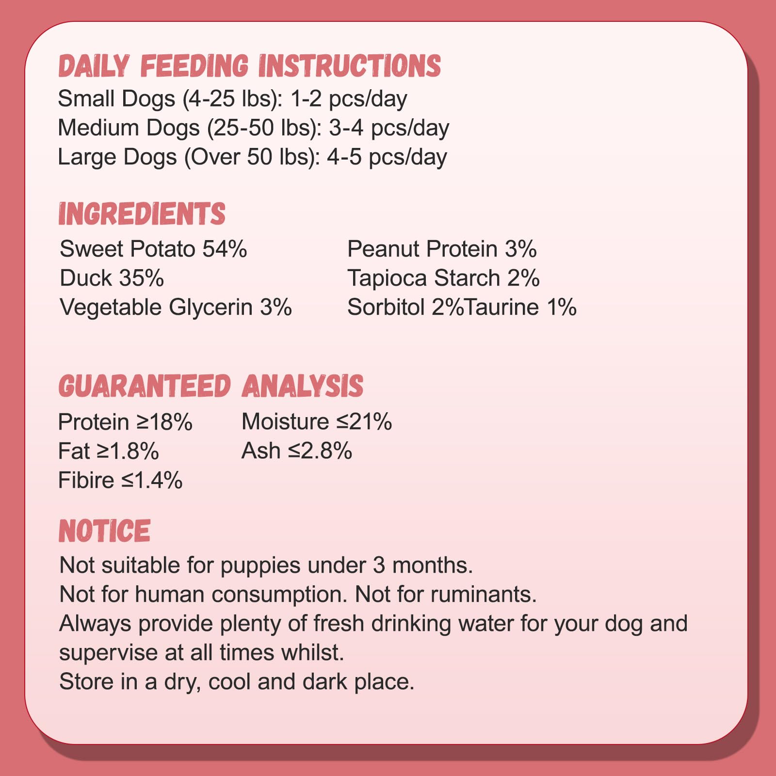Pawmate sweet potato and duck ingredients promote balanced fiber-rich snacking.