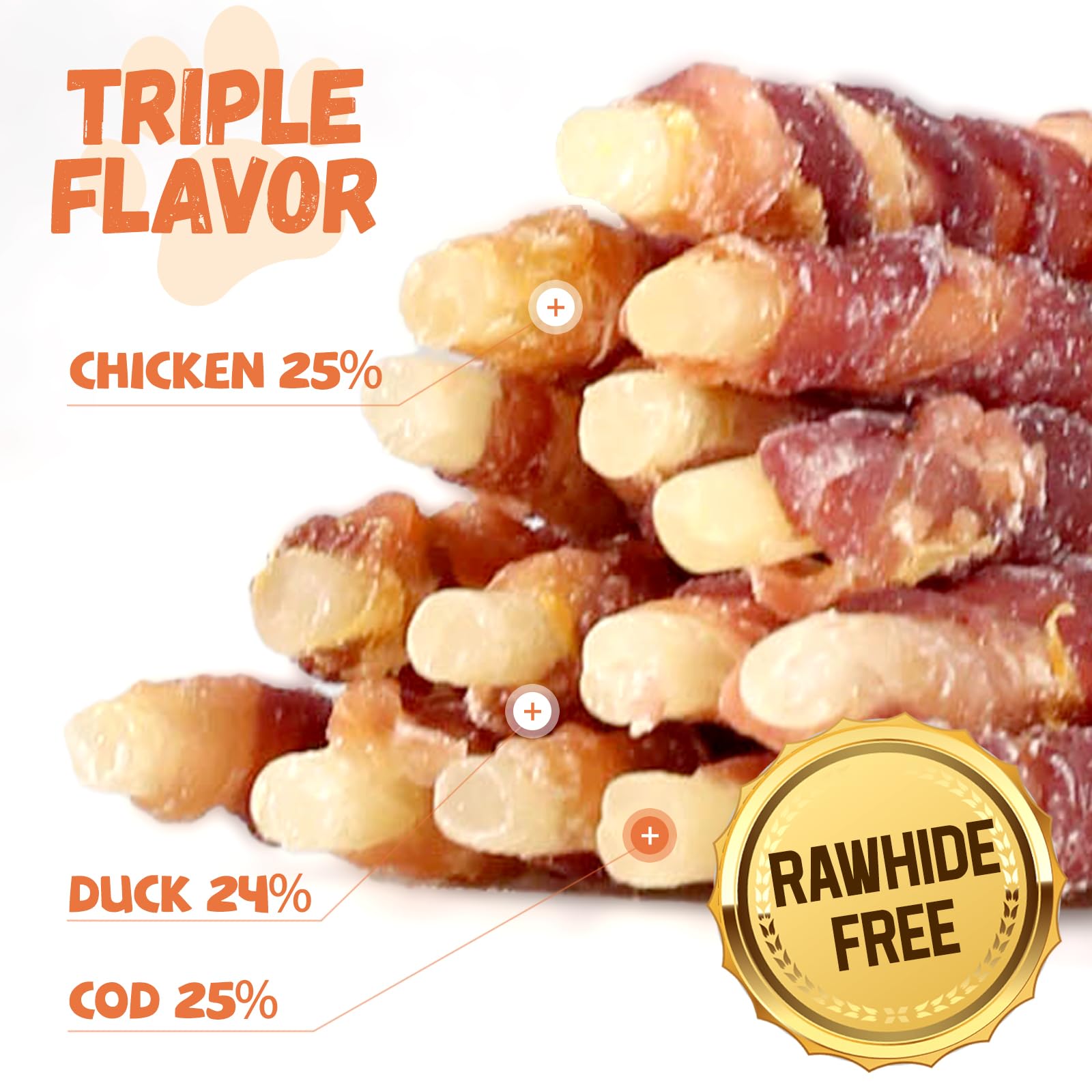 Pawmate Triple Flavor chicken-wrapped cod sticks close-up shows chewy texture for long-lasting chewing.
