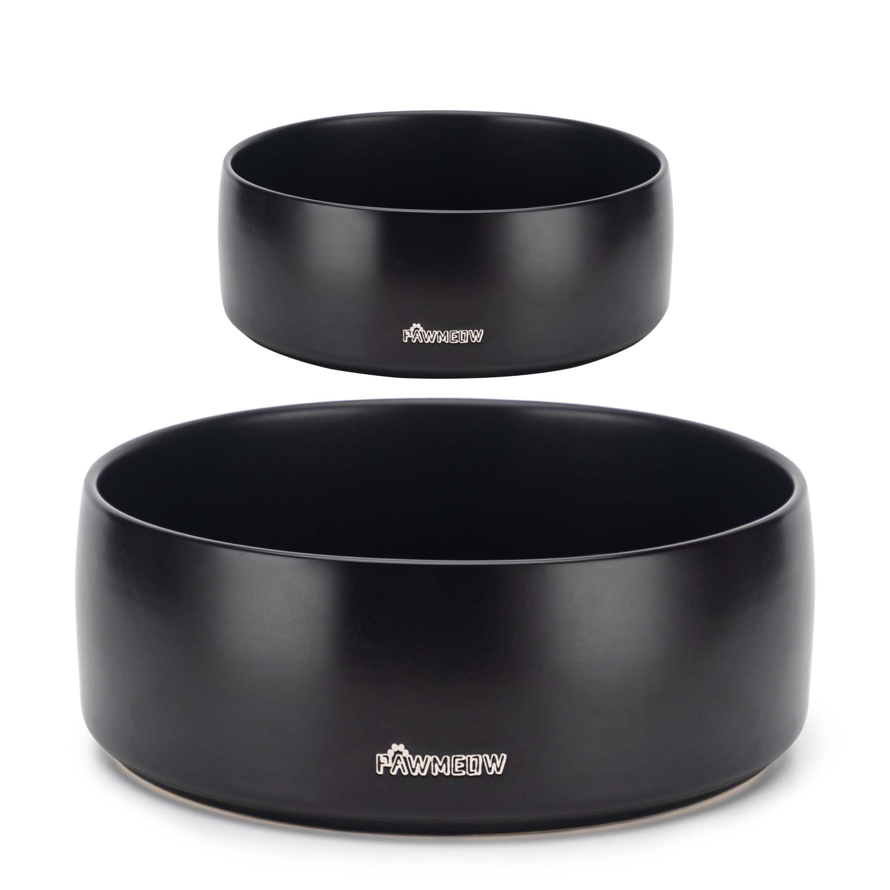 PawMeow ceramic dog bowls in black, 5.5-inch, spill-resistant for tidy meals.