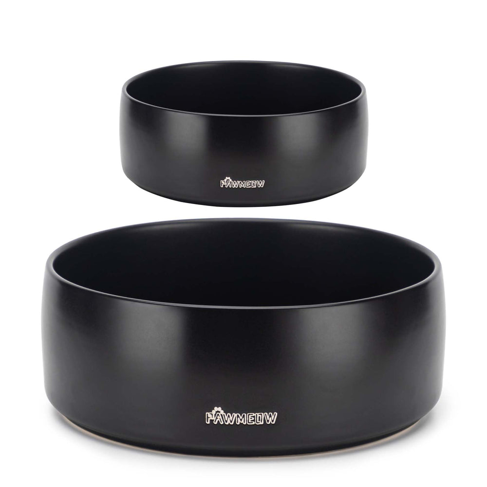 PawMeow ceramic dog bowls in black, 5.5-inch, spill-resistant for tidy meals.