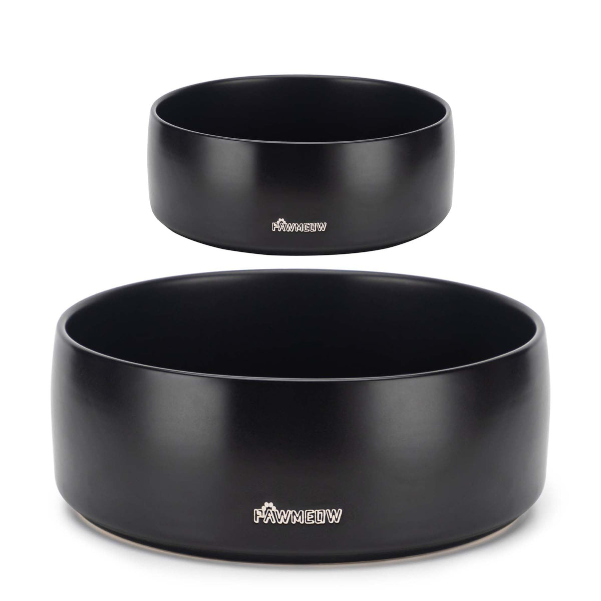 PawMeow ceramic dog bowls in black, 5.5-inch, spill-resistant for tidy meals.