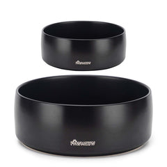 PawMeow ceramic dog bowls in black, 5.5-inch, spill-resistant for tidy meals.